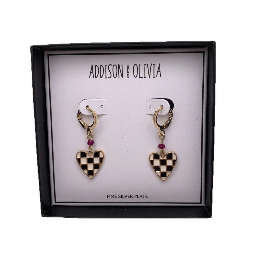 Addison and Olivia Fine Silver Plate Checkered Heart Dangle Earrings New In Box